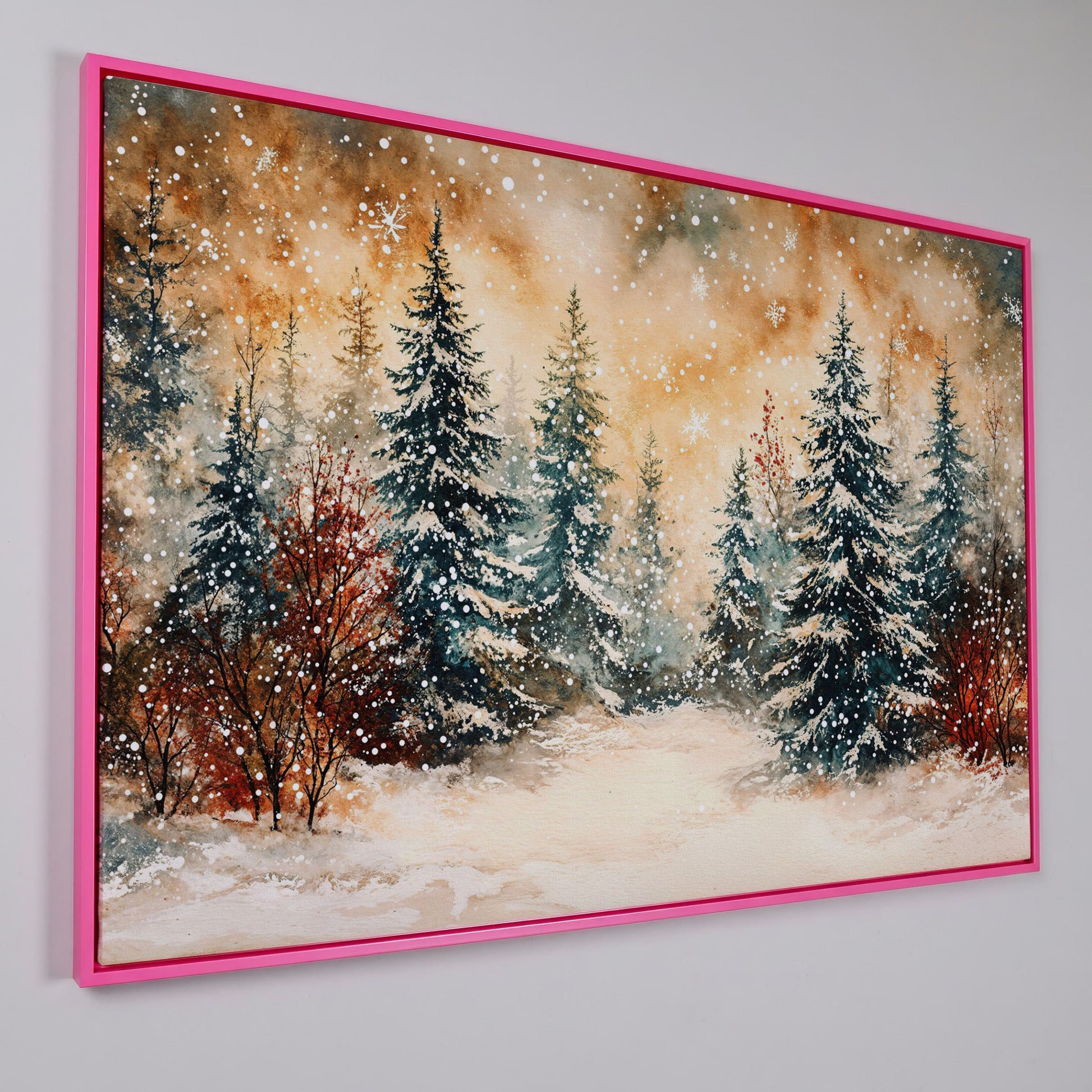 Snowy Forest Canvas Print with Watercolor Winter Palette in pink floating frame