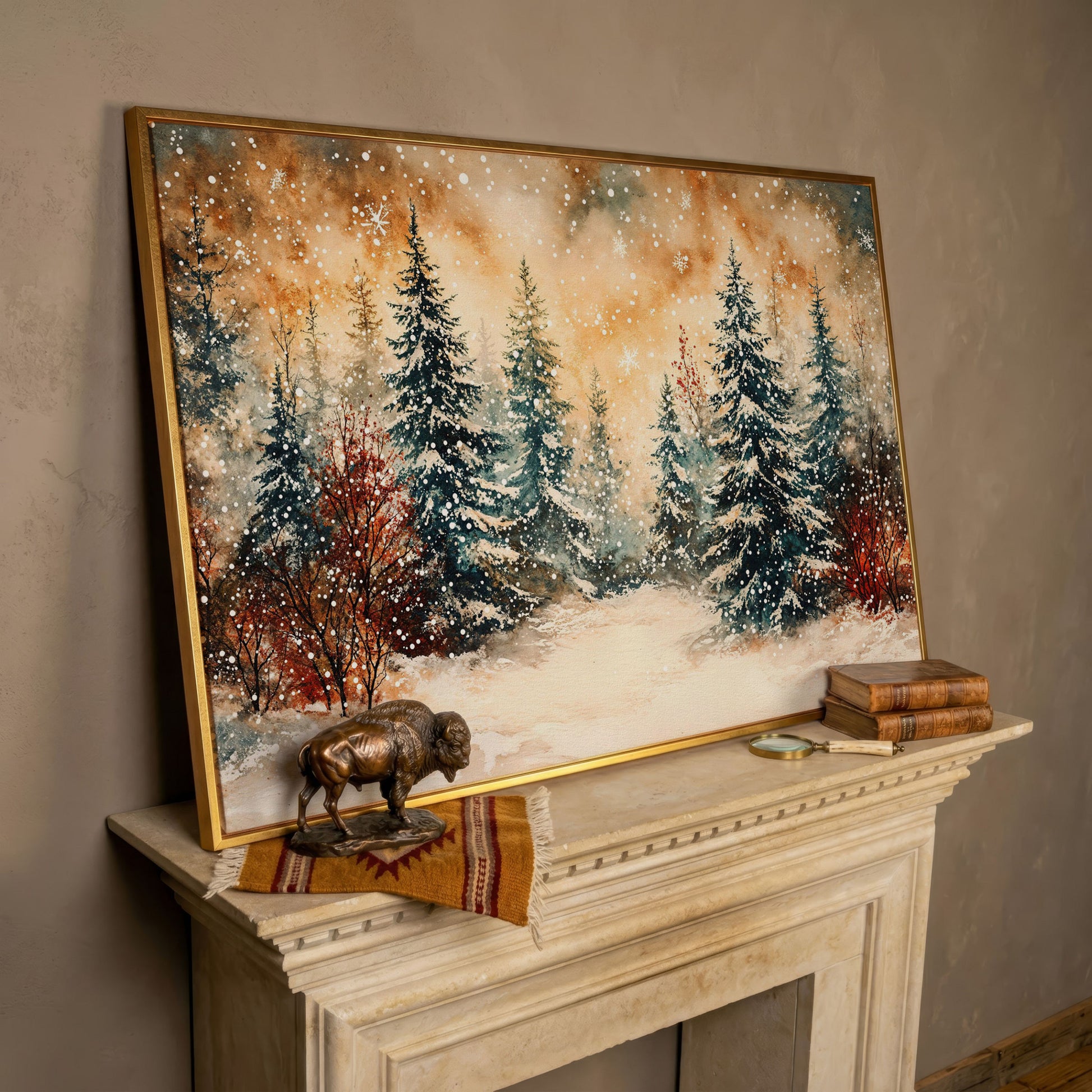 Snowy Forest Canvas Print with Watercolor Winter Palette in rose gold floating frame