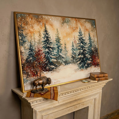 Snowy Forest Canvas Print with Watercolor Winter Palette in rose gold floating frame