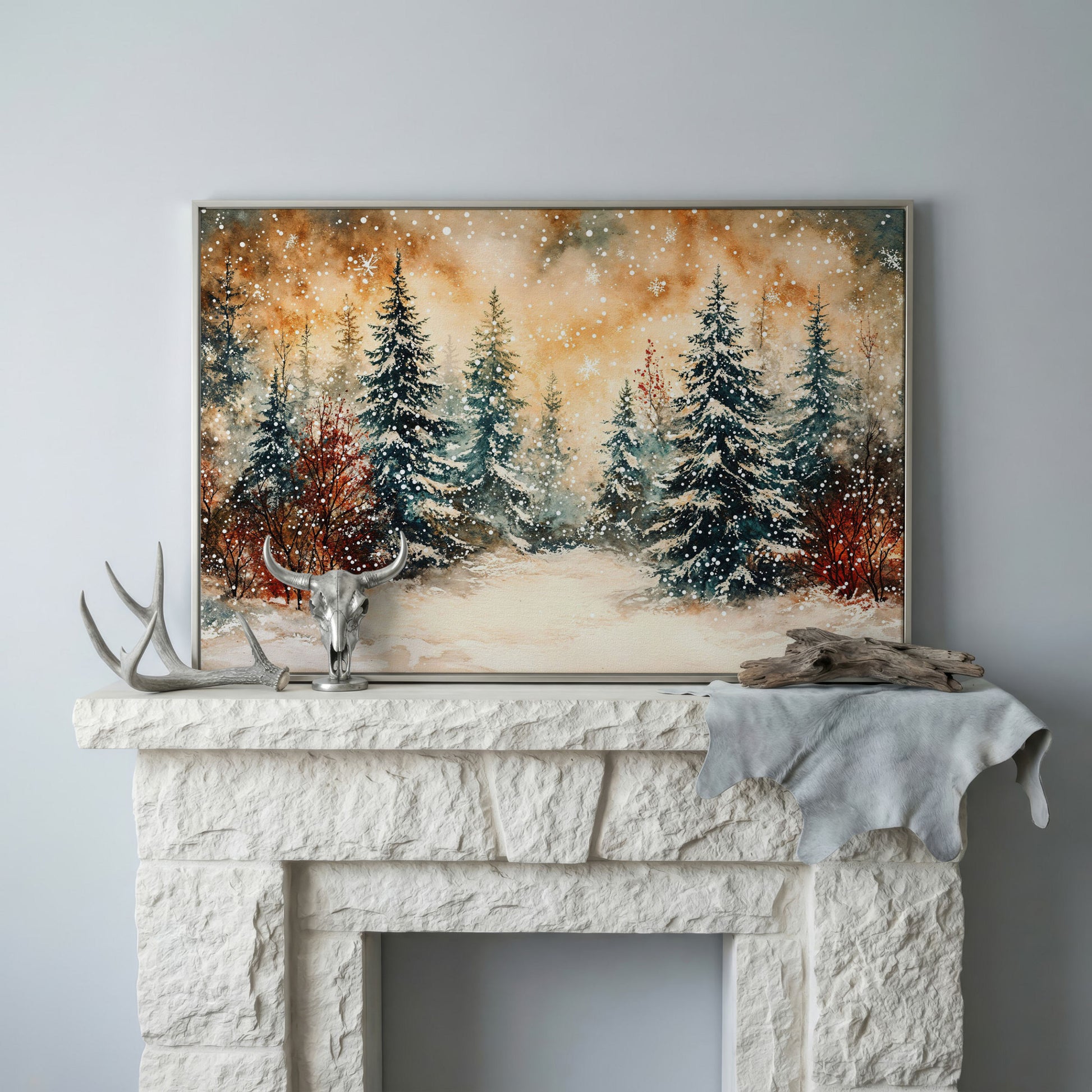 Snowy Forest Canvas Print with Watercolor Winter Palette in silver floating frame