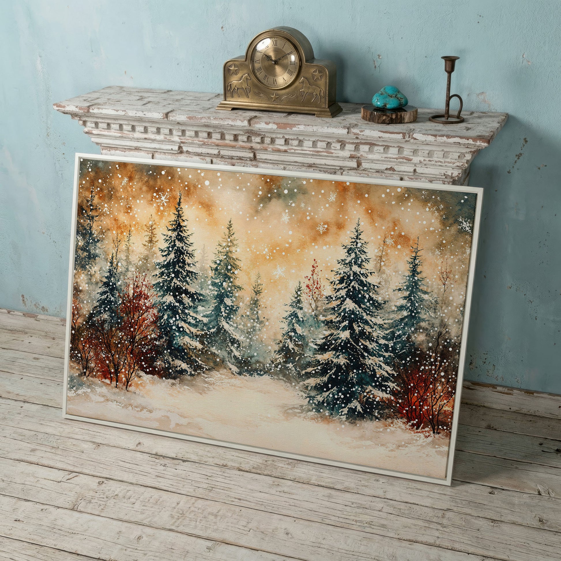 Snowy Forest Canvas Print with Watercolor Winter Palette in white floating frame