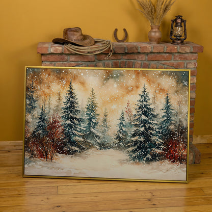 Snowy Forest Canvas Print with Watercolor Winter Palette in yellow gold floating frame