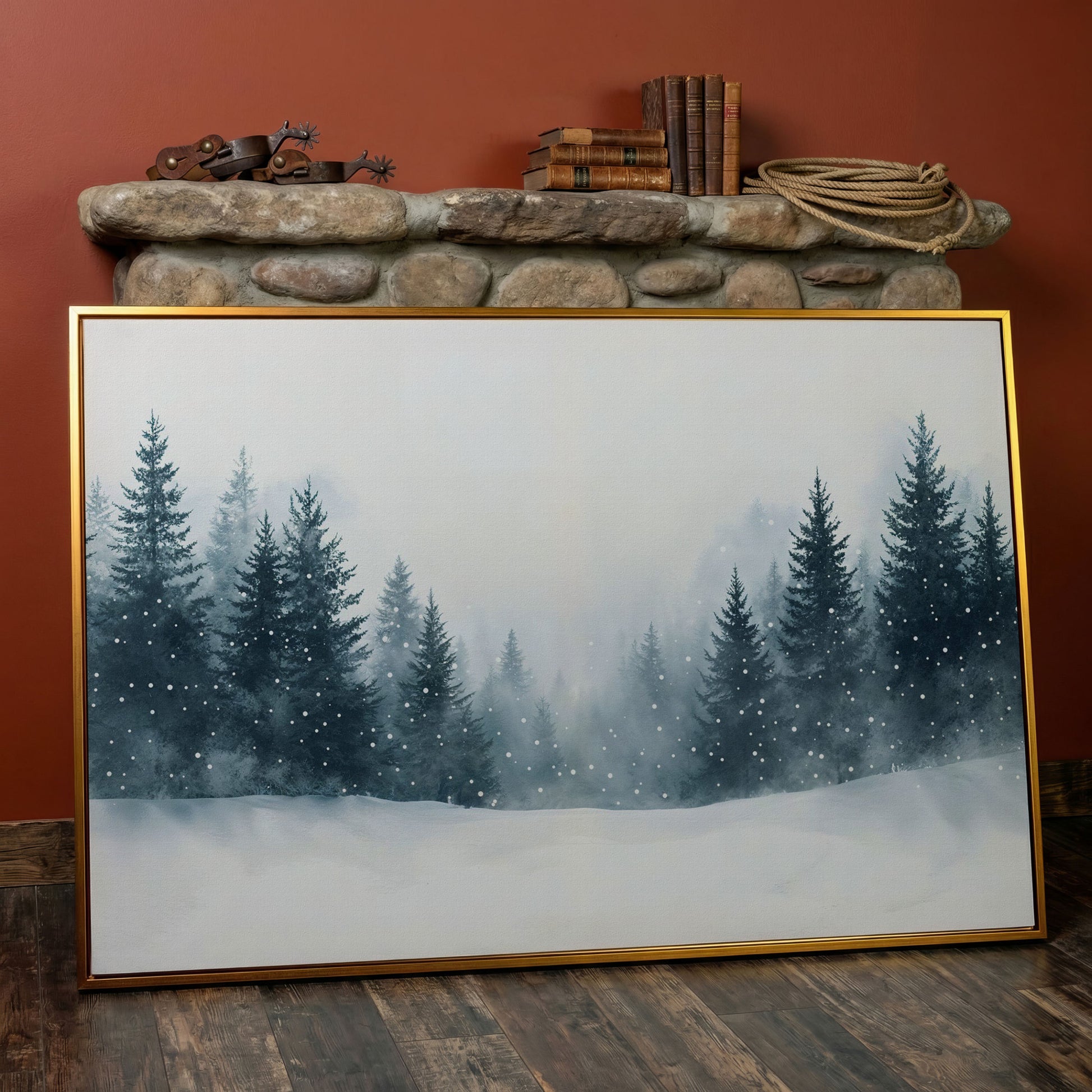 Winter Forest with Pine Trees Canvas Art in antique gold floating frame