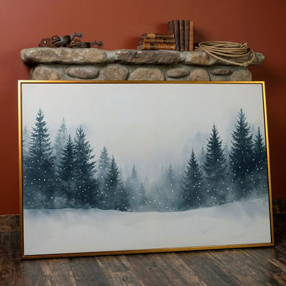 Winter Forest with Pine Trees Canvas Art in antique gold floating frame