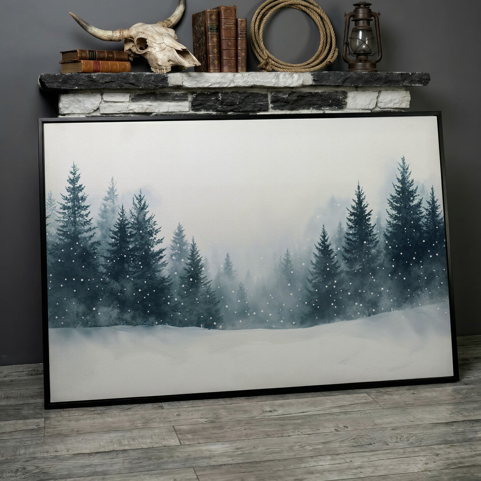 Winter Forest with Pine Trees Canvas Art in black floating frame
