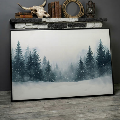 Winter Forest with Pine Trees Canvas Art in black floating frame