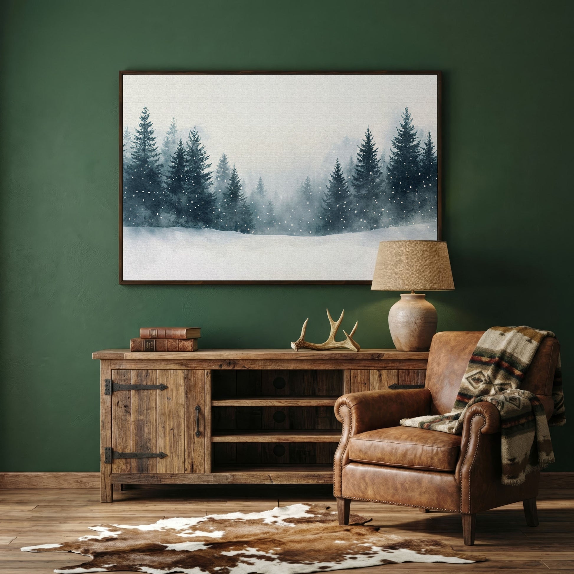 Winter Forest with Pine Trees Canvas Art in dark walnut floating frame