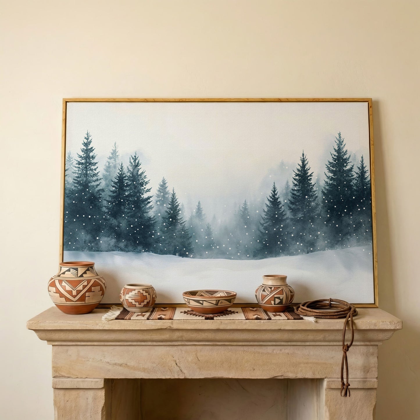 Winter Forest with Pine Trees Canvas Art in white oak floating frame