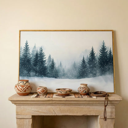 Winter Forest with Pine Trees Canvas Art in white oak floating frame