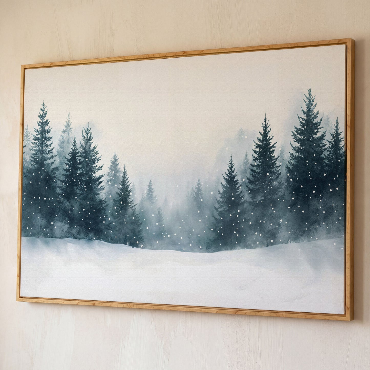 Winter Forest with Pine Trees Canvas Art shown in white oak floating frame