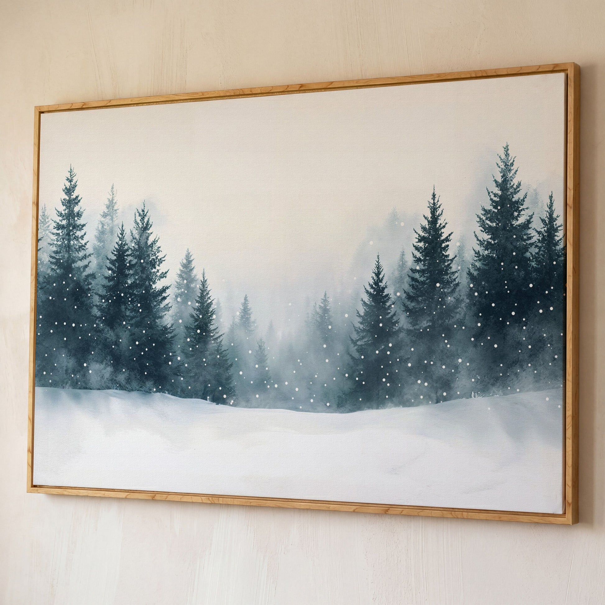 Winter Forest with Pine Trees Canvas Art shown in white oak floating frame