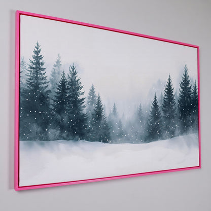 Winter Forest with Pine Trees Canvas Art in pink floating frame
