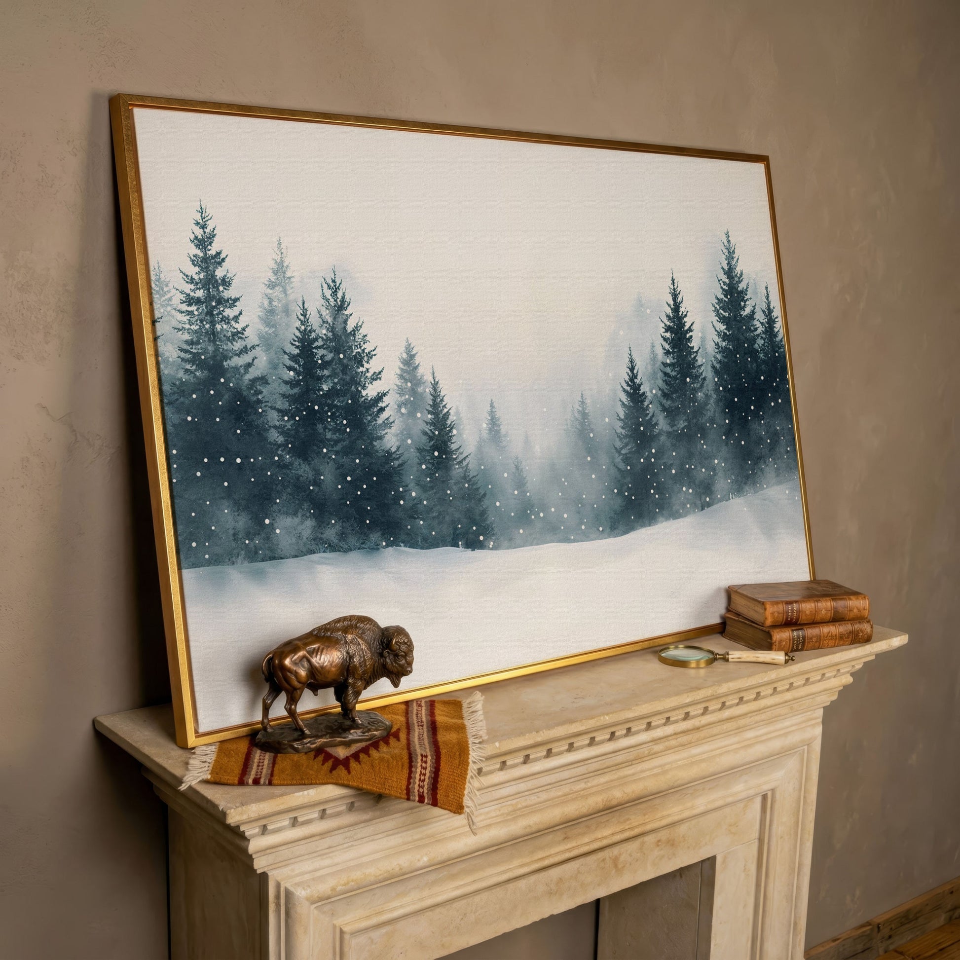 Winter Forest with Pine Trees Canvas Art in rose gold floating frame