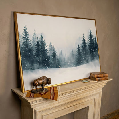 Winter Forest with Pine Trees Canvas Art in rose gold floating frame