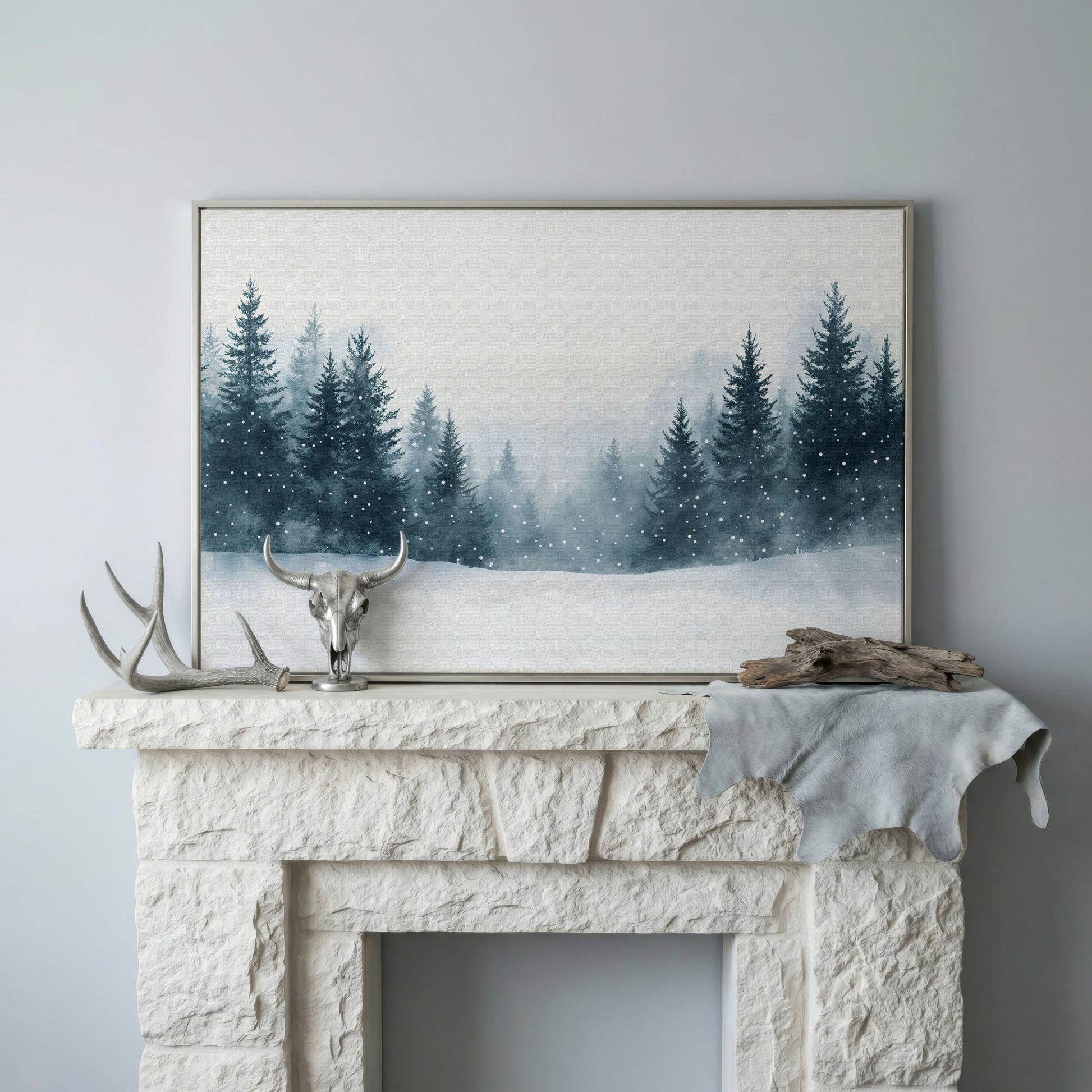 Winter Forest with Pine Trees Canvas Art in silver floating frame