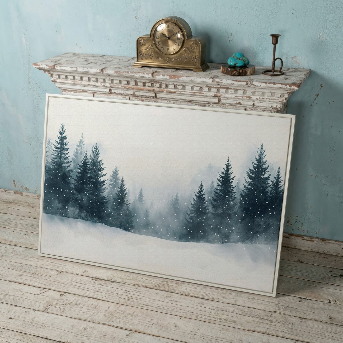 Winter Forest with Pine Trees Canvas Art in white floating frame