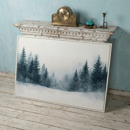 Winter Forest with Pine Trees Canvas Art in white floating frame