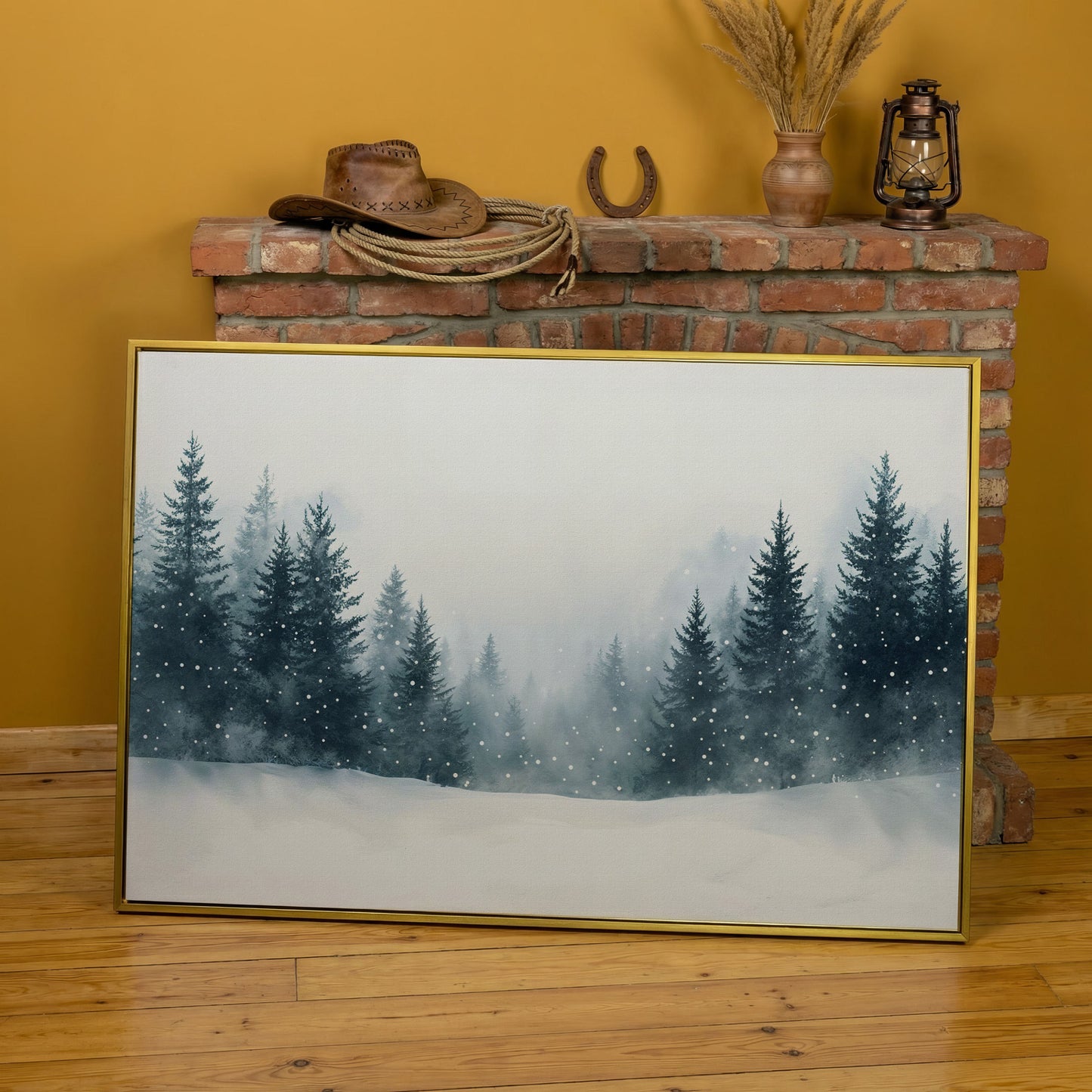 Winter Forest with Pine Trees Canvas Art in yellow gold floating frame