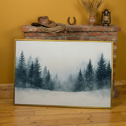 Winter Forest with Pine Trees Canvas Art in yellow gold floating frame