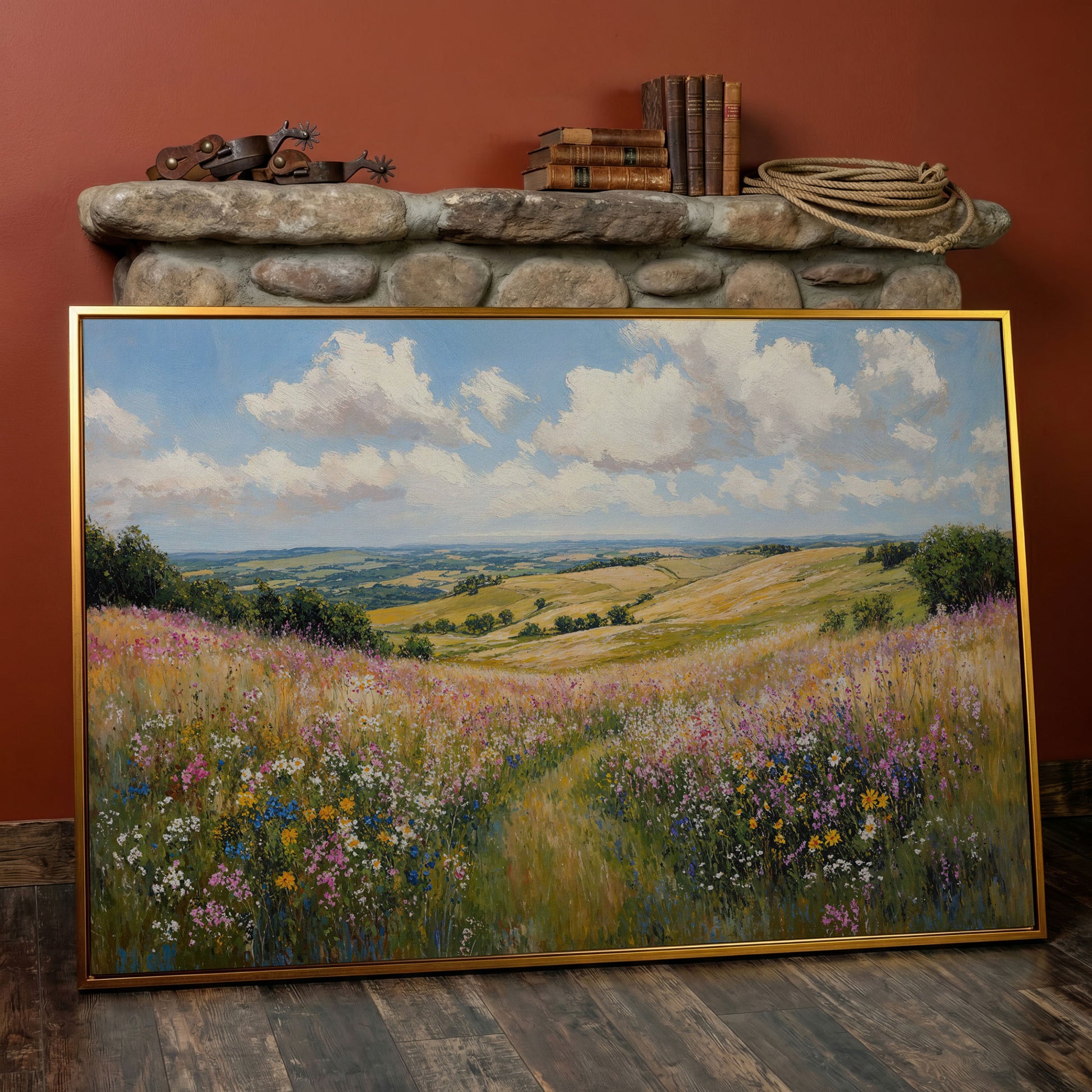 Wildflower Meadow Canvas Print, Landscape in antique gold floating frame