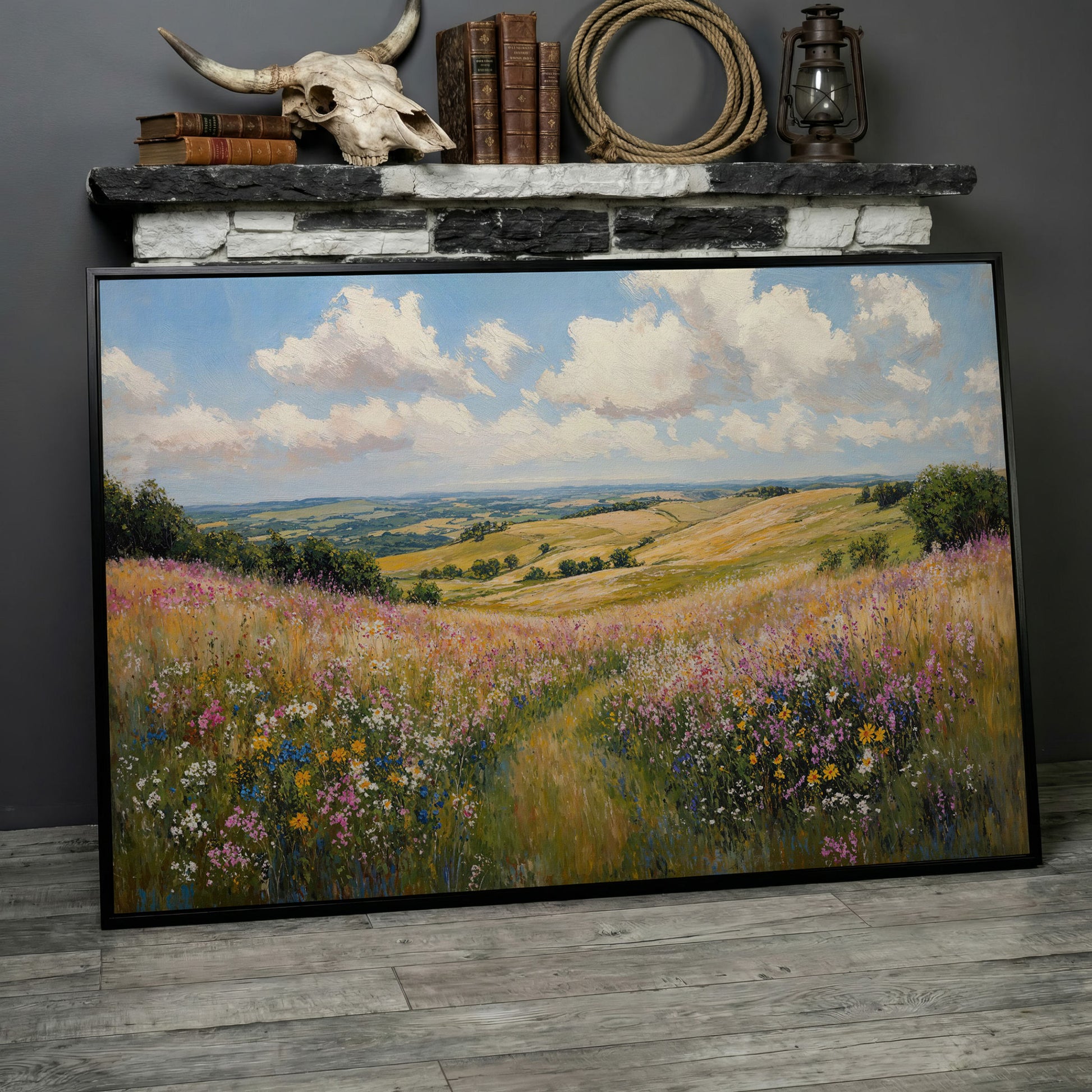 Wildflower Meadow Canvas Print, Landscape in black floating frame