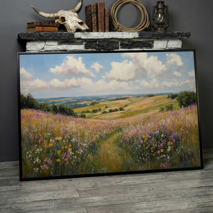 Wildflower Meadow Canvas Print, Landscape in black floating frame