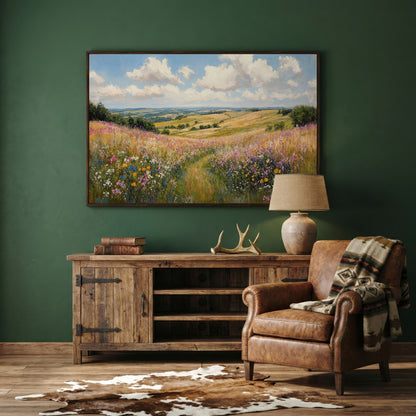Wildflower Meadow Canvas Print, Landscape in dark walnut floating frame