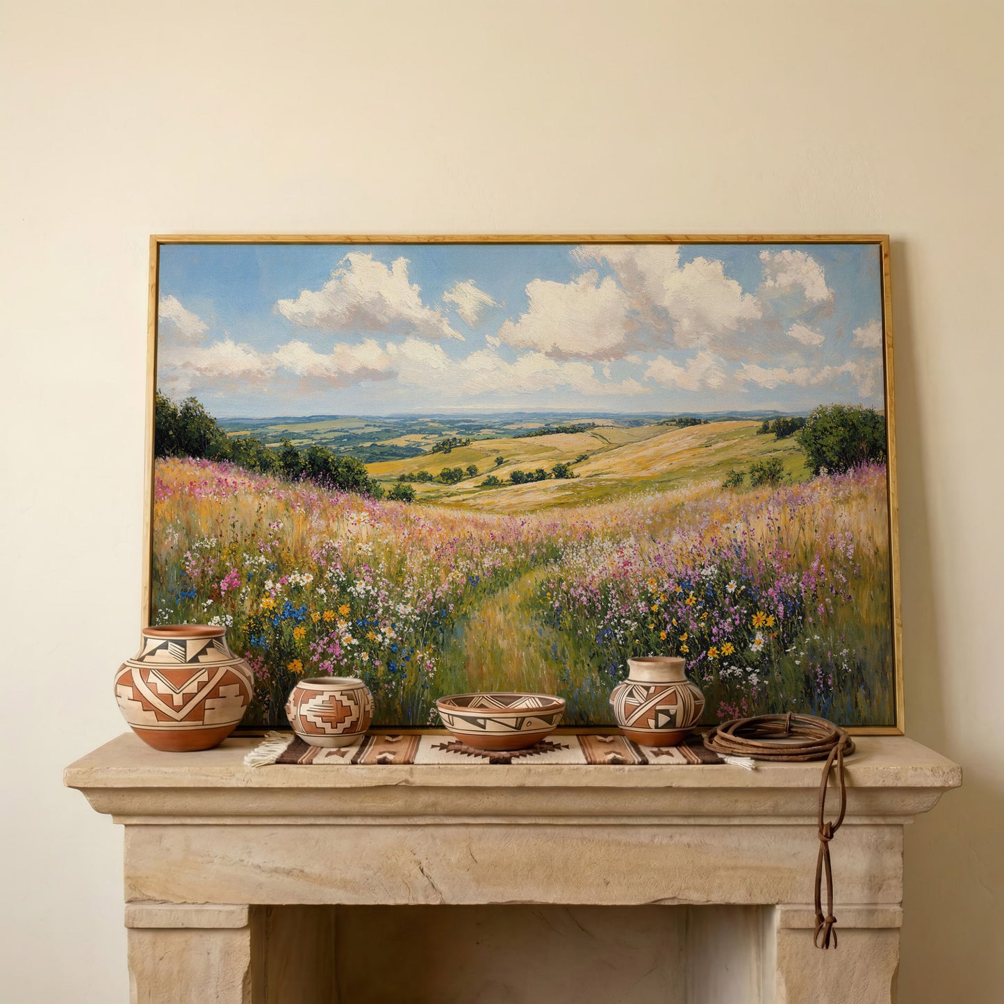 Wildflower Meadow Canvas Print, Landscape in white oak floating frame