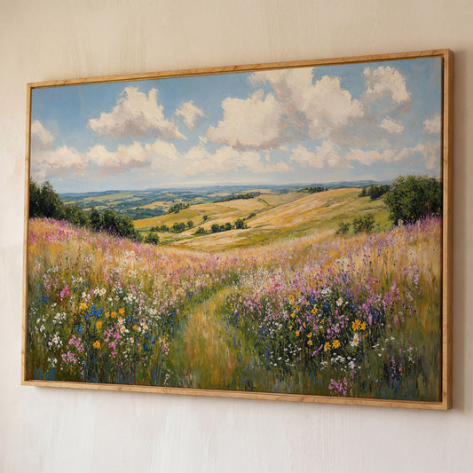 Wildflower Meadow Canvas Print, Landscape shown in white oak floating frame