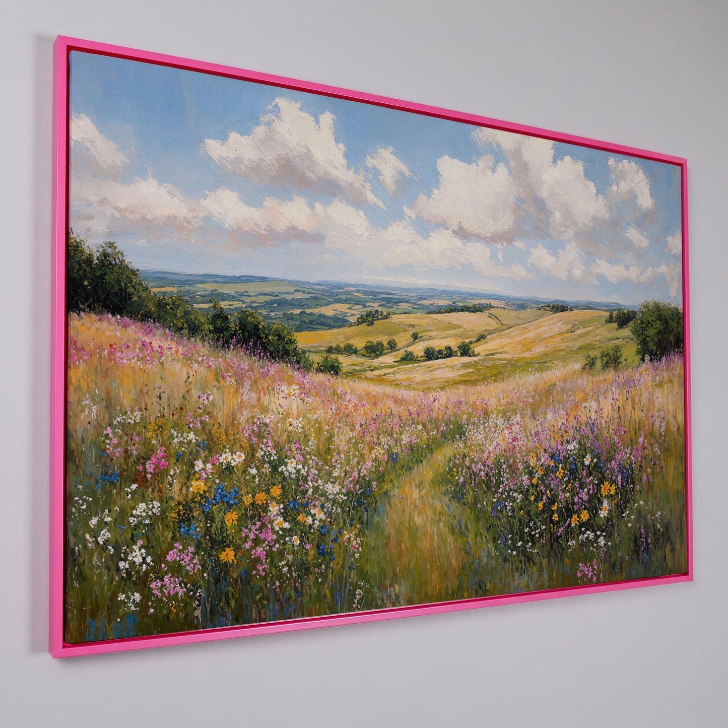 Wildflower Meadow Canvas Print, Landscape in pink floating frame