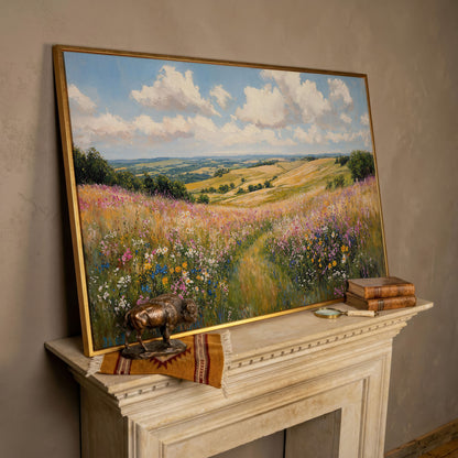 Wildflower Meadow Canvas Print, Landscape in rose gold floating frame
