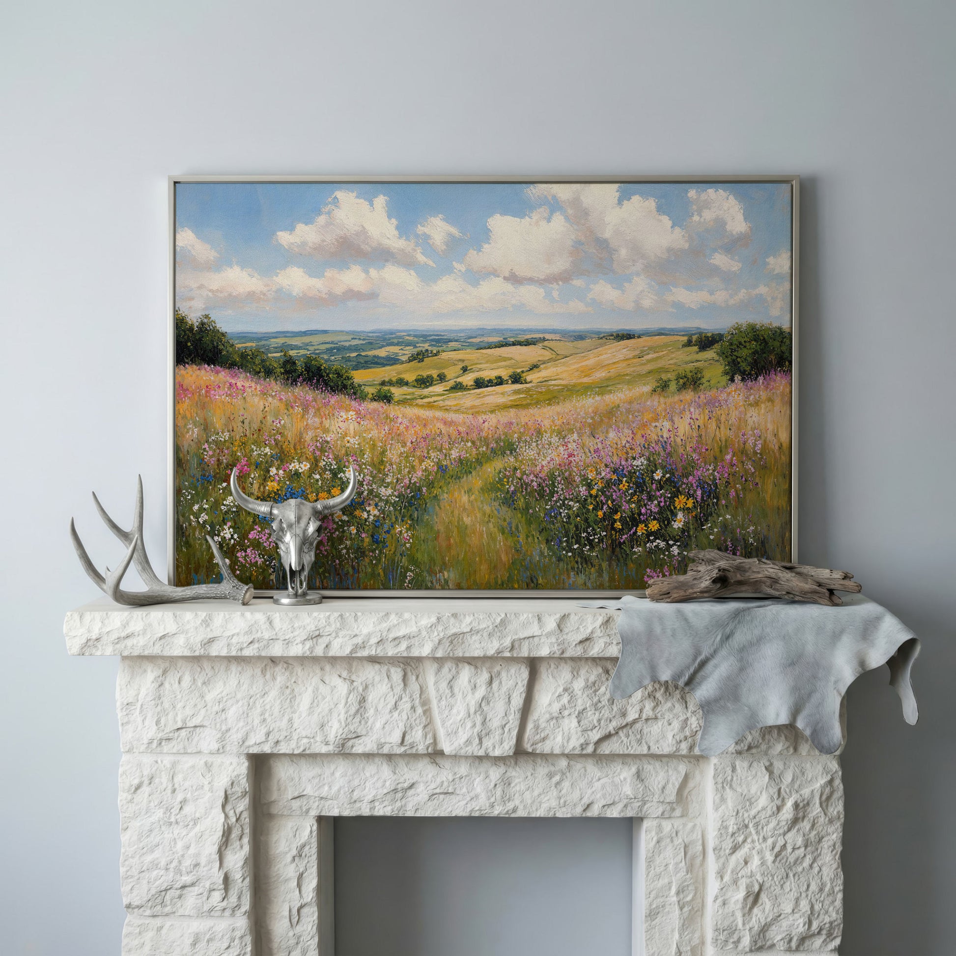Wildflower Meadow Canvas Print, Landscape in silver floating frame