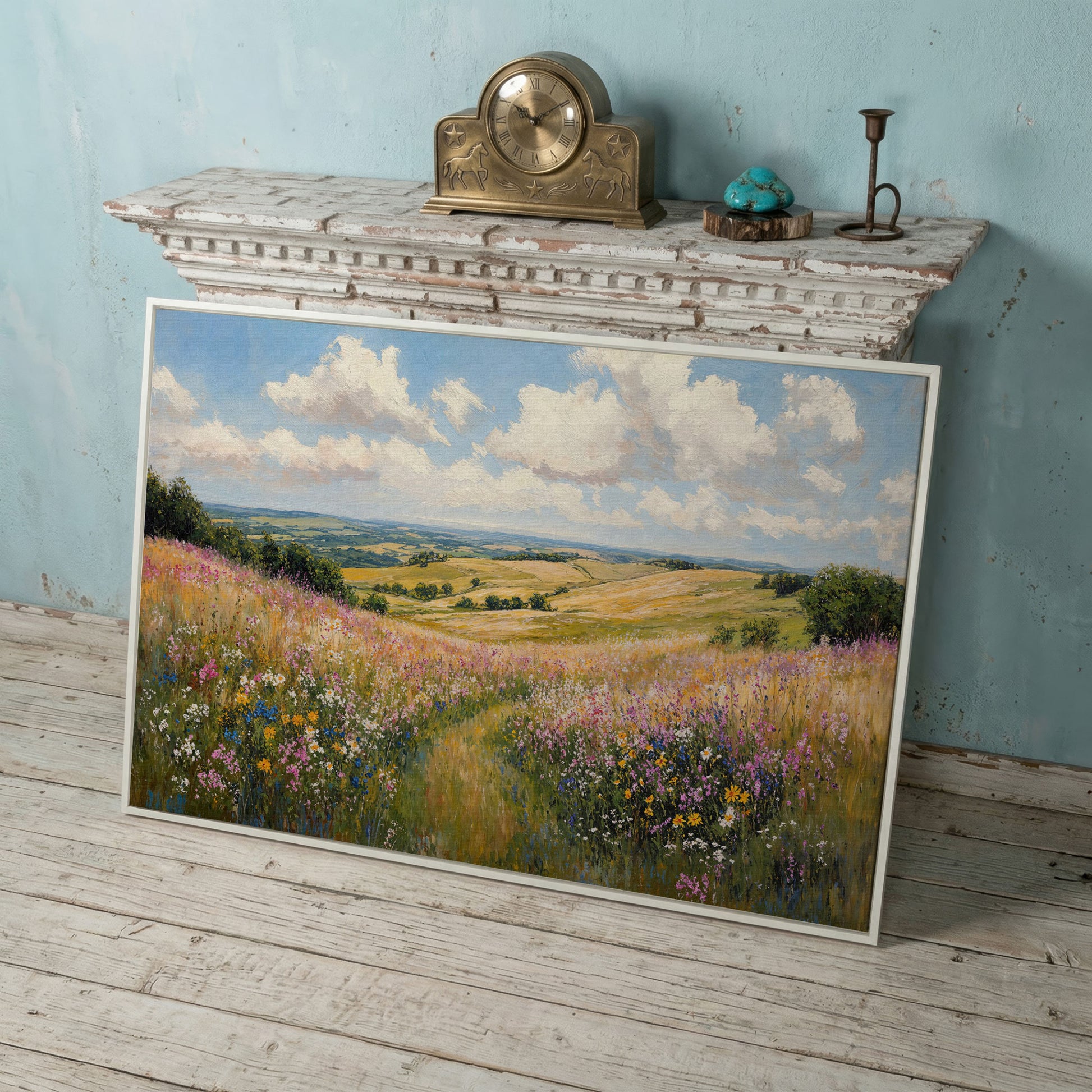 Wildflower Meadow Canvas Print, Landscape in white floating frame