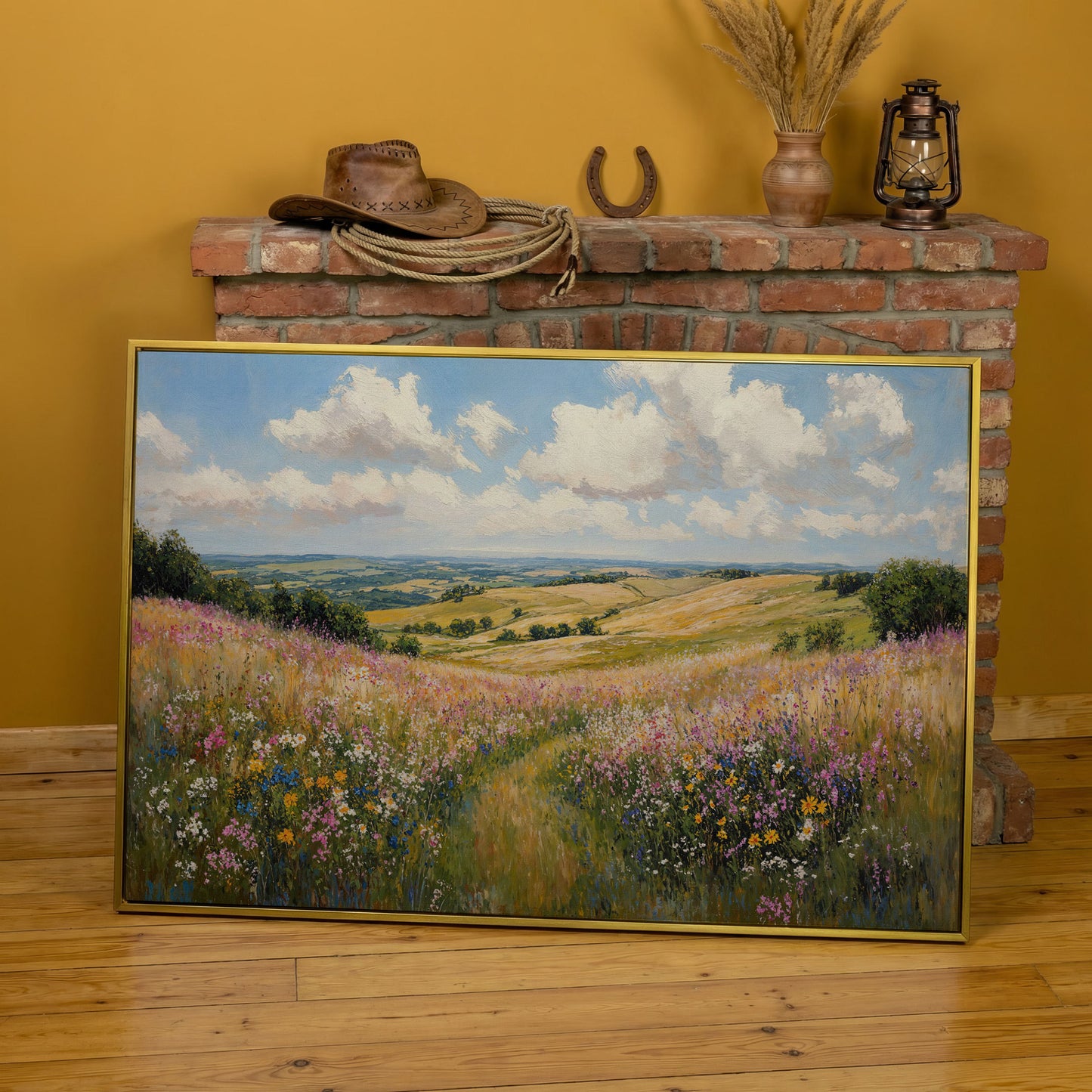 Wildflower Meadow Canvas Print, Landscape in yellow gold floating frame