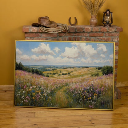 Wildflower Meadow Canvas Print, Landscape in yellow gold floating frame