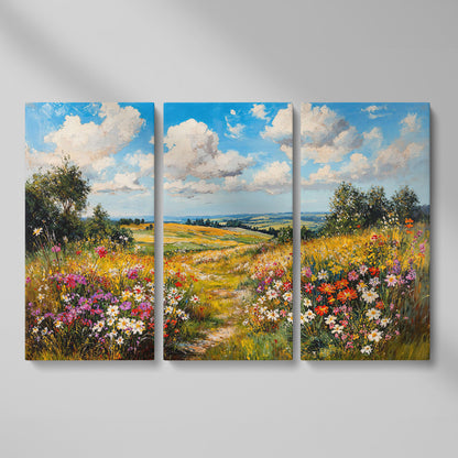 Wildflower Meadow Landscape Canvas as 3-panel split version
