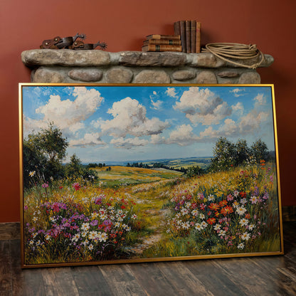 Wildflower Meadow Landscape Canvas in antique gold floating frame