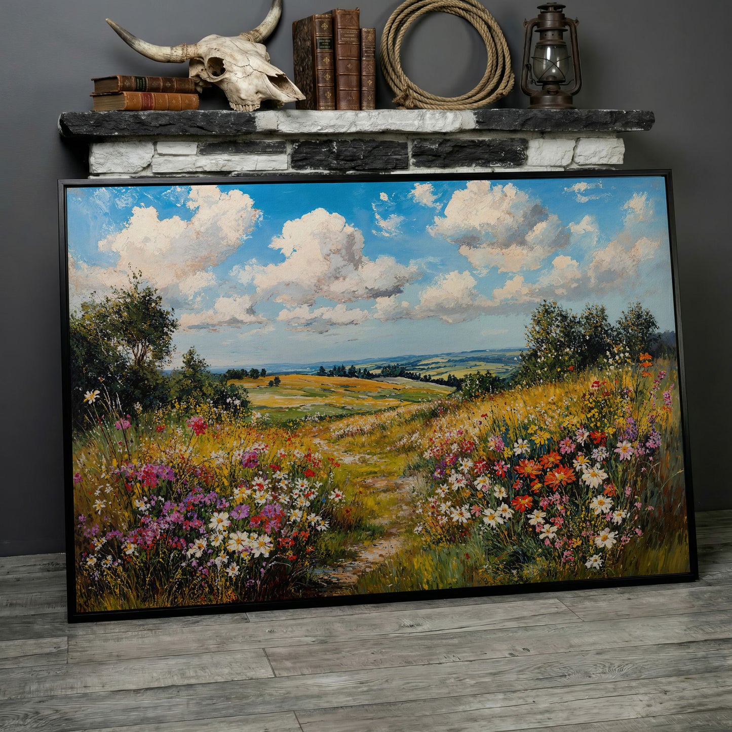 Wildflower Meadow Landscape Canvas in black floating frame