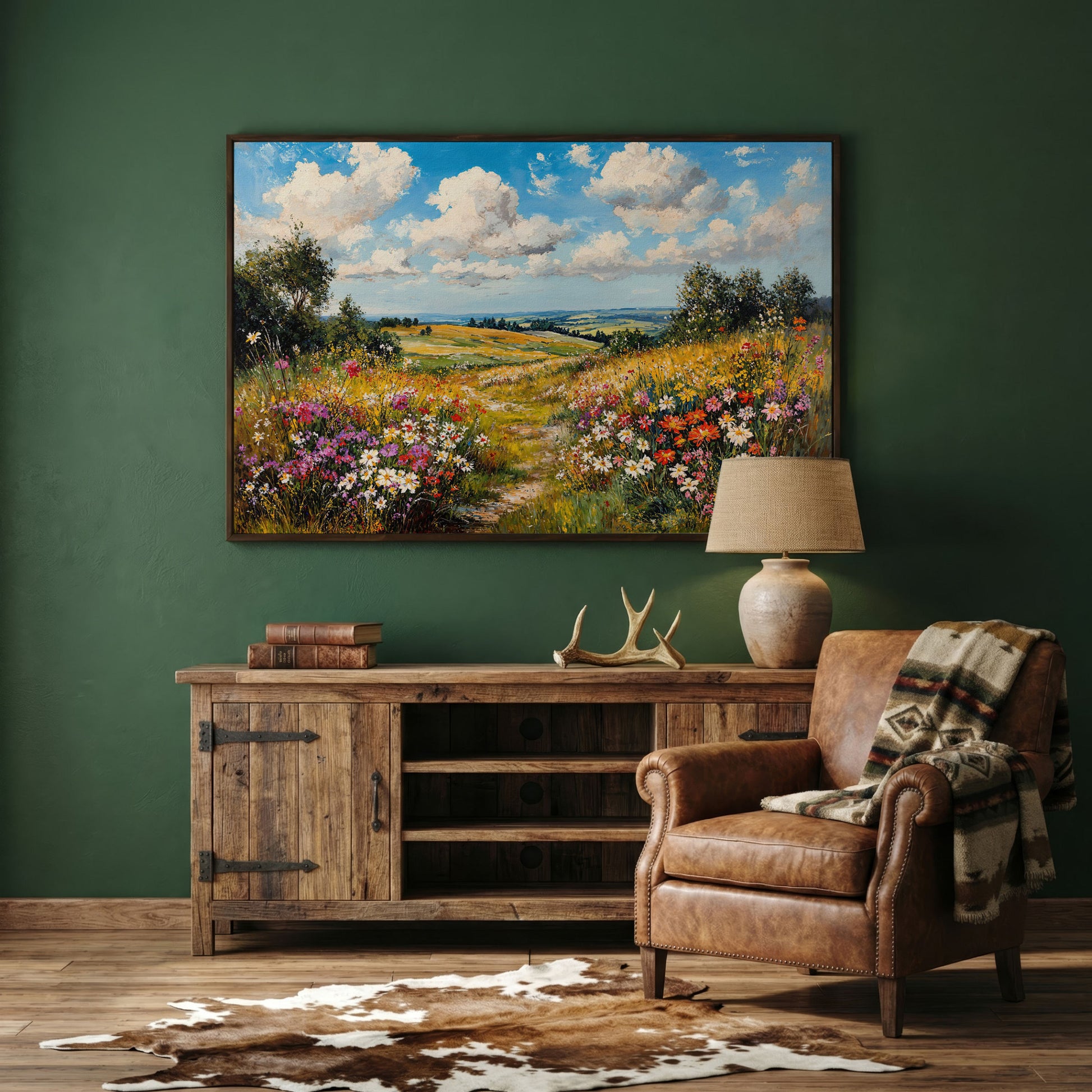Wildflower Meadow Landscape Canvas in dark walnut floating frame
