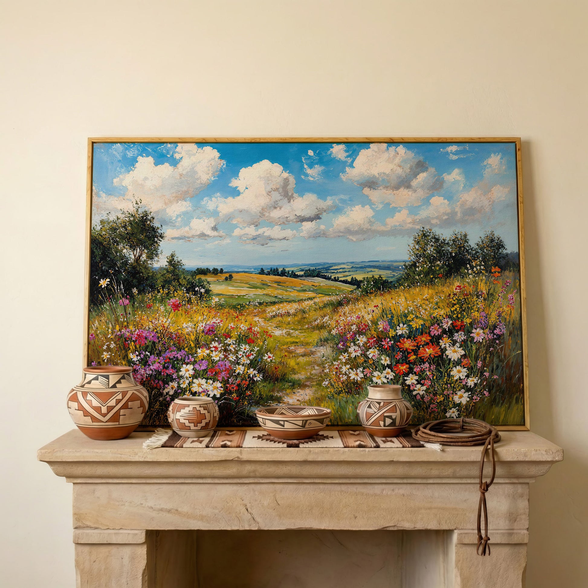 Wildflower Meadow Landscape Canvas in white oak floating frame