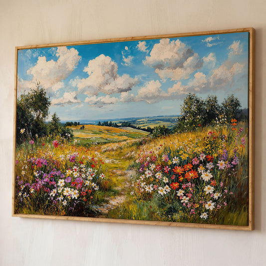 Wildflower Meadow Landscape Canvas shown in white oak floating frame