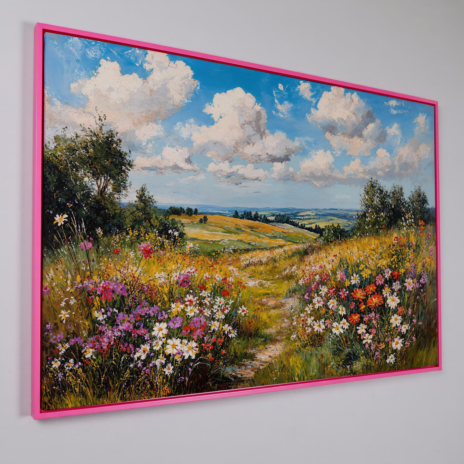 Wildflower Meadow Landscape Canvas in pink floating frame