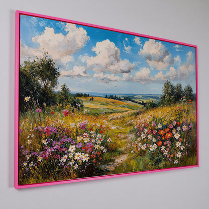 Wildflower Meadow Landscape Canvas in pink floating frame