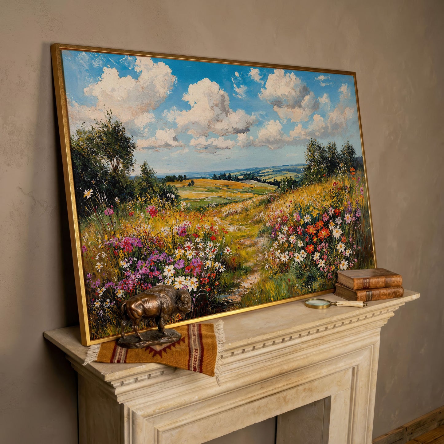 Wildflower Meadow Landscape Canvas in rose gold floating frame