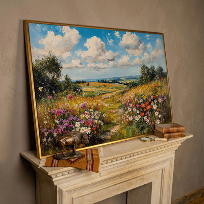 Wildflower Meadow Landscape Canvas in rose gold floating frame