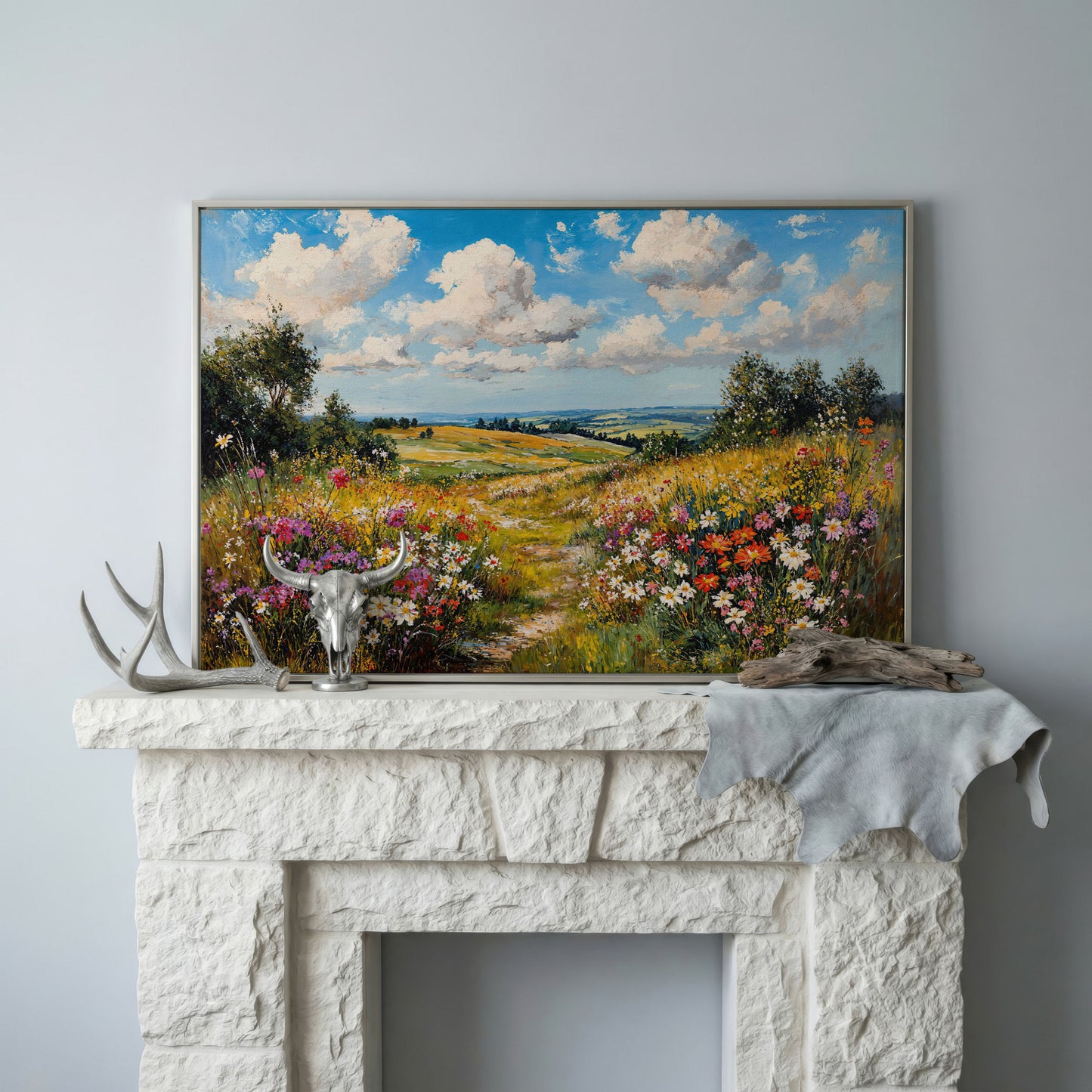 Wildflower Meadow Landscape Canvas in silver floating frame