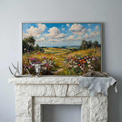 Wildflower Meadow Landscape Canvas in silver floating frame