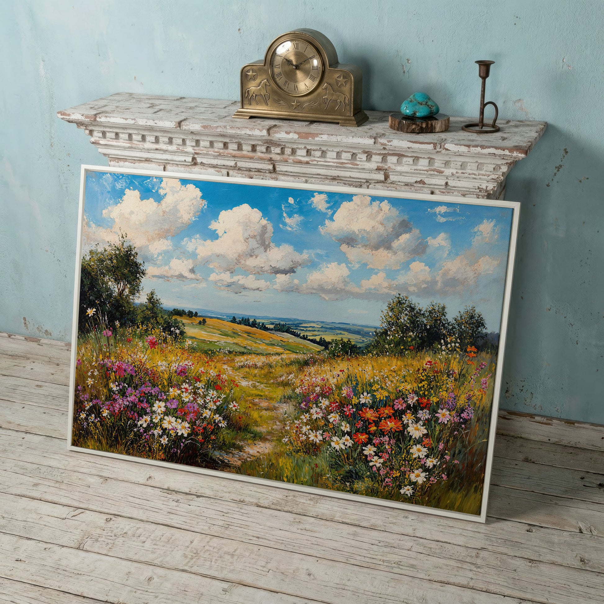 Wildflower Meadow Landscape Canvas in white floating frame