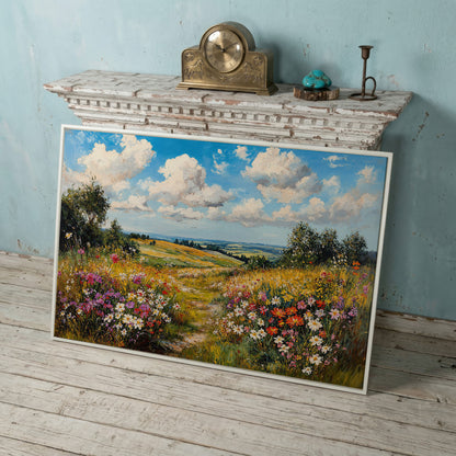 Wildflower Meadow Landscape Canvas in white floating frame