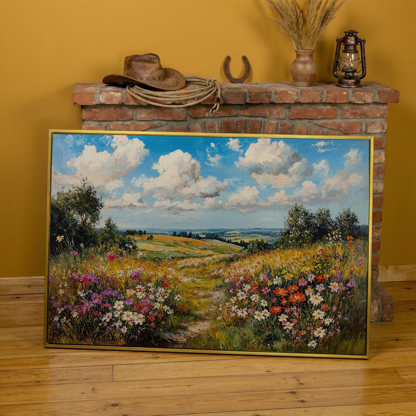Wildflower Meadow Landscape Canvas in yellow gold floating frame